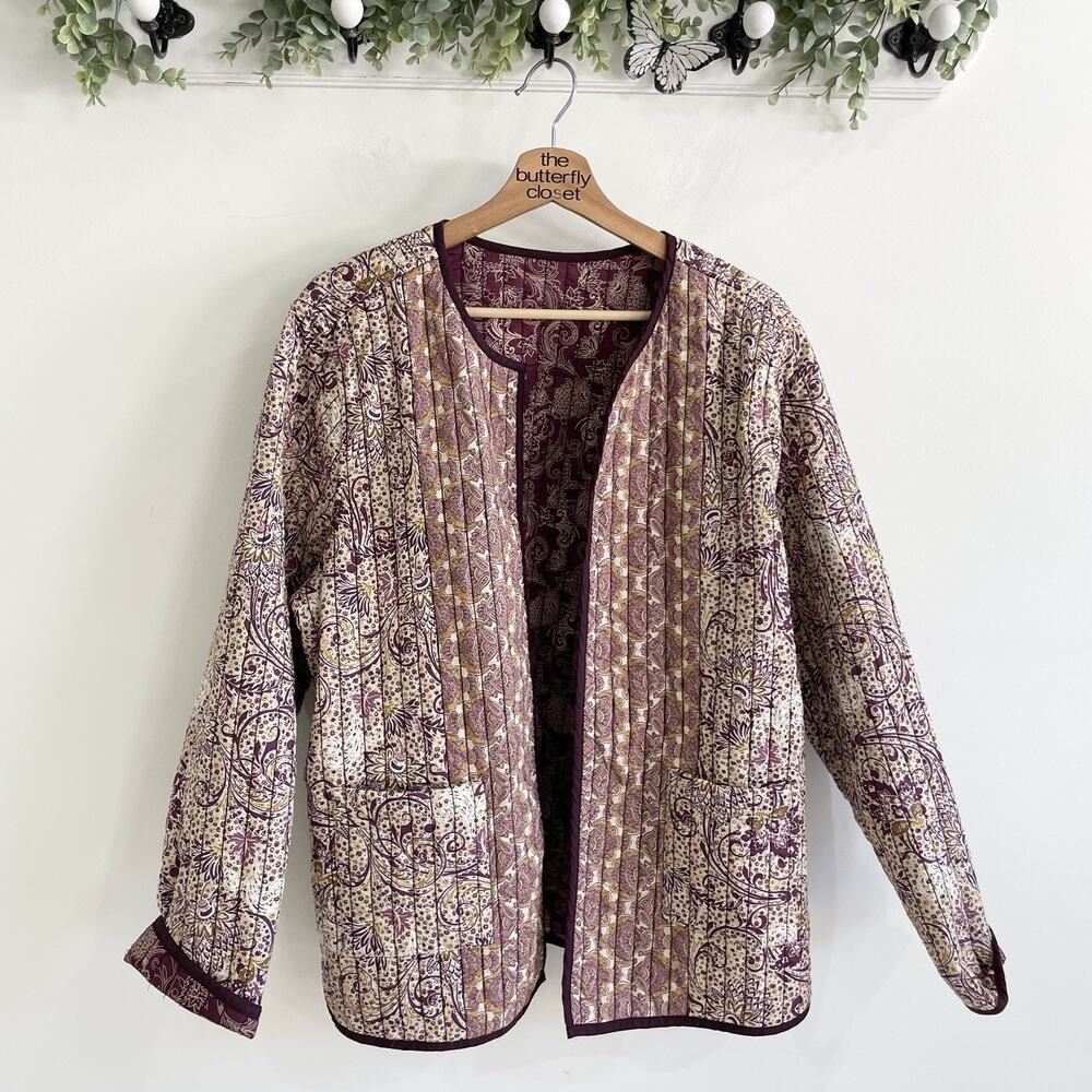 Quilted reversible Floral quilt Open Long Sleeve Jacket